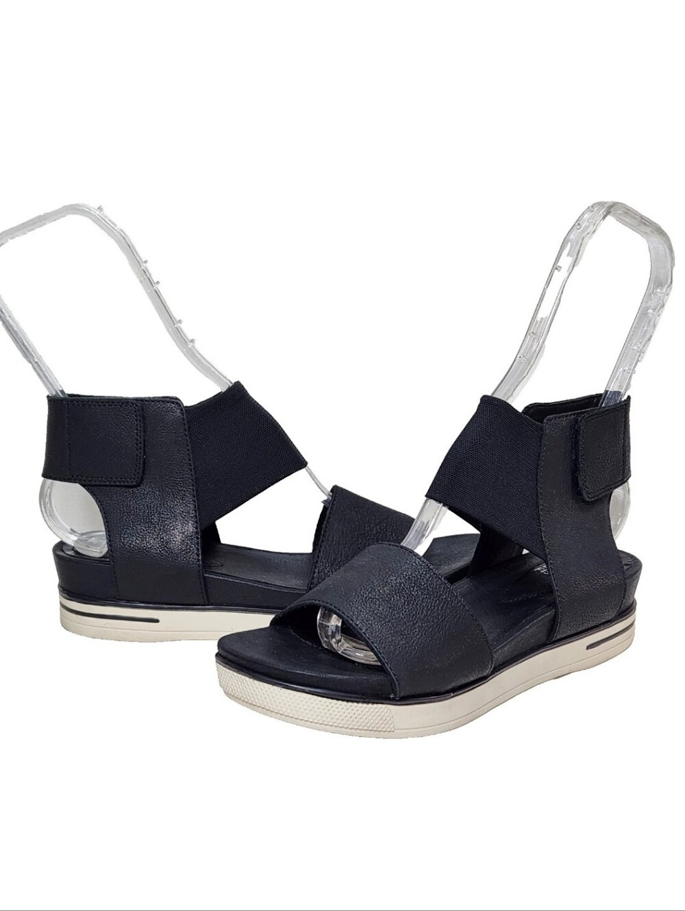 EILEEN FISHER Spree Vachetta Leather Sport Sandals Sz 7 Black Stretch Mesh